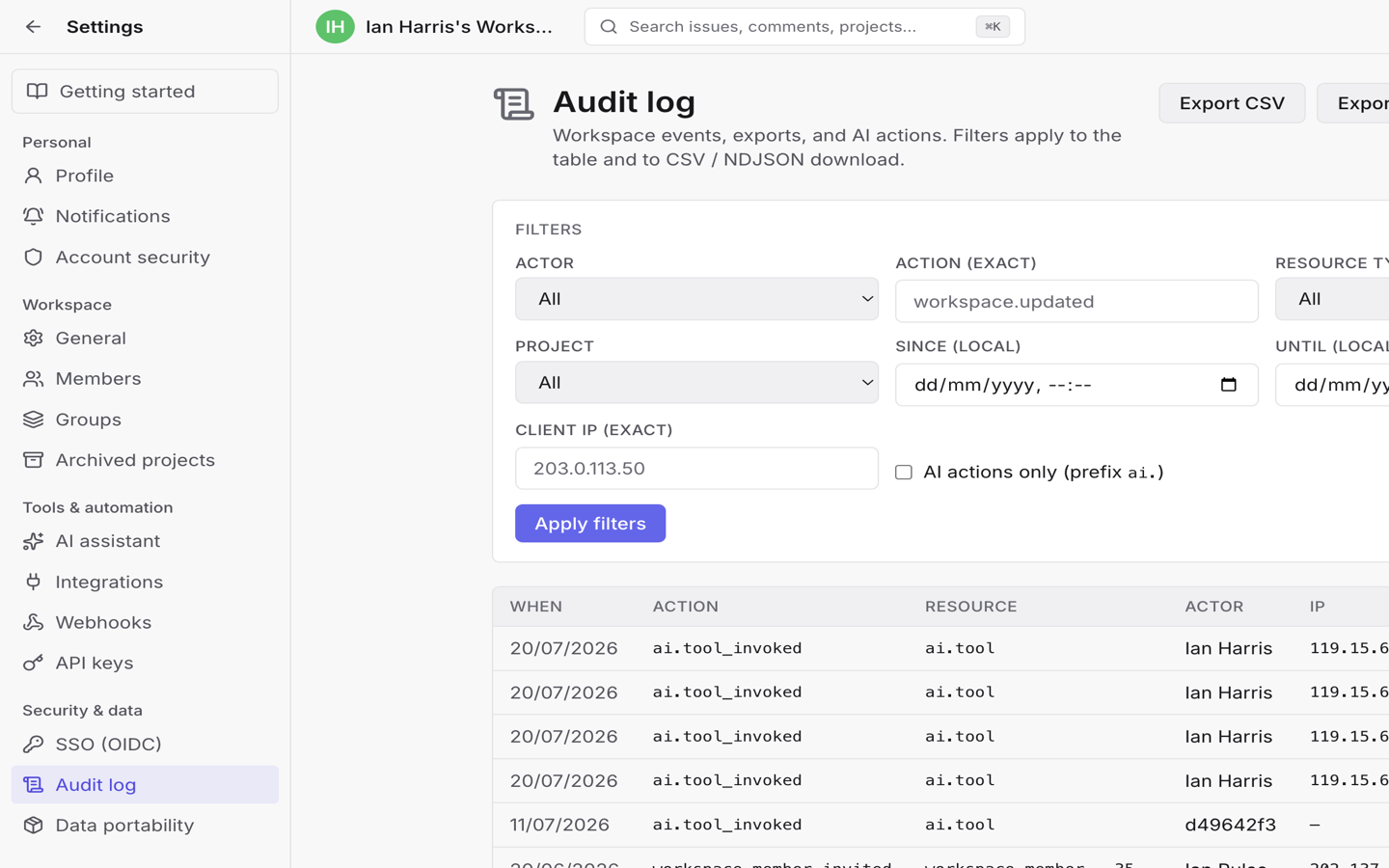 Audit log with filters and event table including AI actions