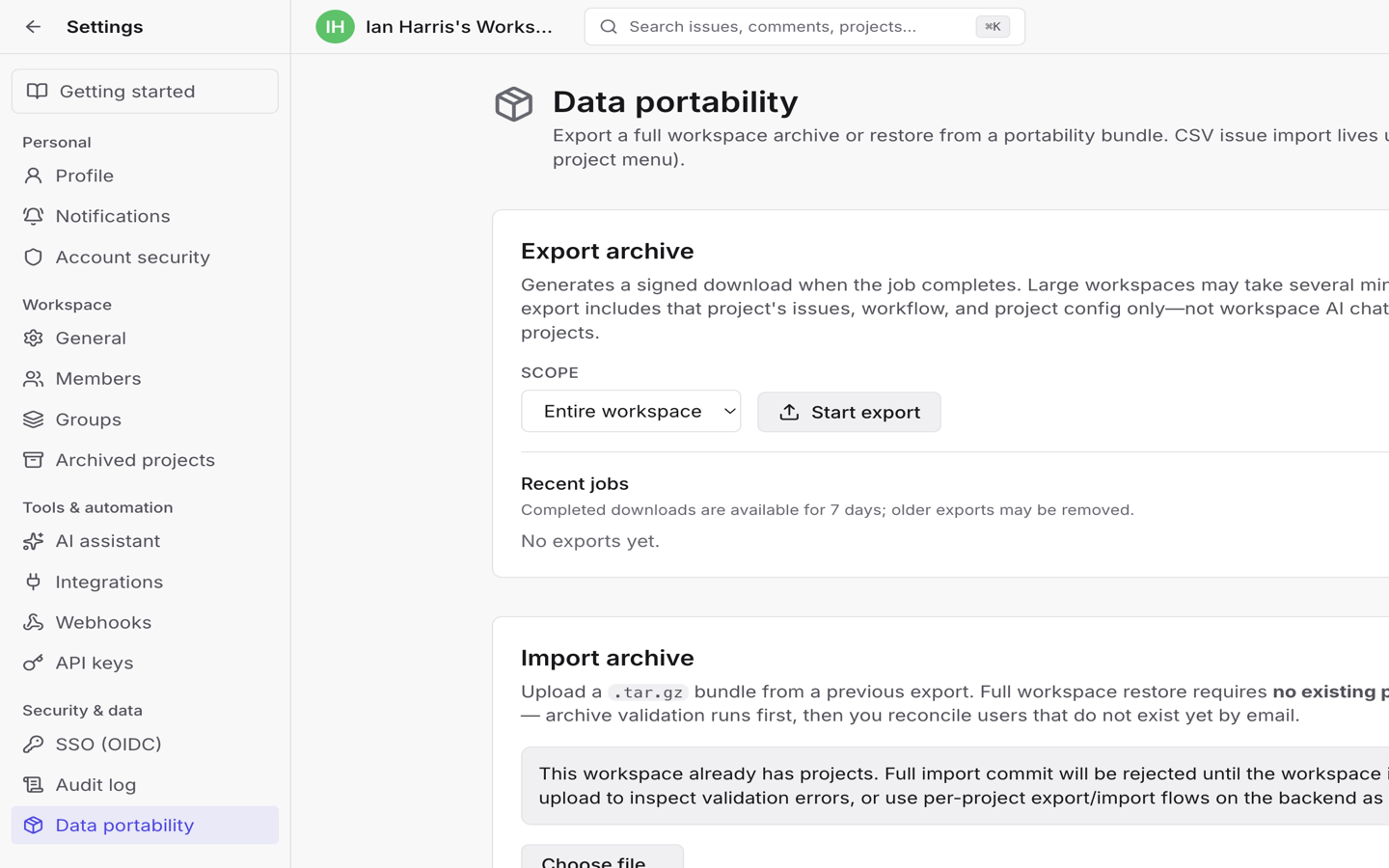 Data portability page with export archive and import archive sections