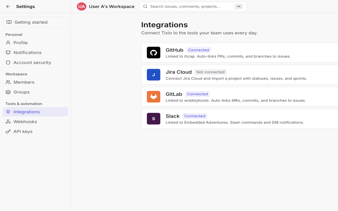 Integrations settings hub showing GitHub, Jira Cloud, GitLab, and Slack